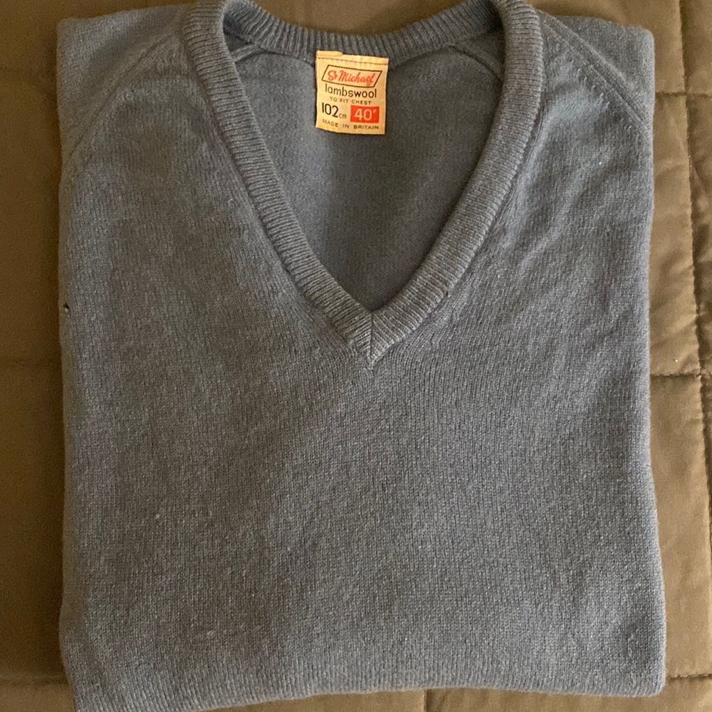 Vintage Blue Lambs Wool V-Neck Sweater
